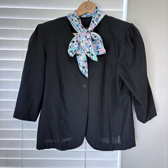 Leni Leni Women Top Shirt w/Scarf Black Jacket Blouse 1/2 Sleeves Sz 10 USA Made - Picture 1 of 10